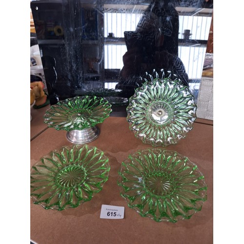 615 - EPNS Green Glass Footed Plates x2 and 2 Trays