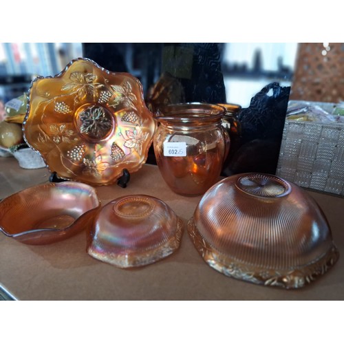 602 - Amber Glass x5 To Include 2 Embossed Bowls, 2 Dishes and a Jug