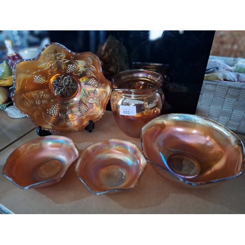 602 - Amber Glass x5 To Include 2 Embossed Bowls, 2 Dishes and a Jug