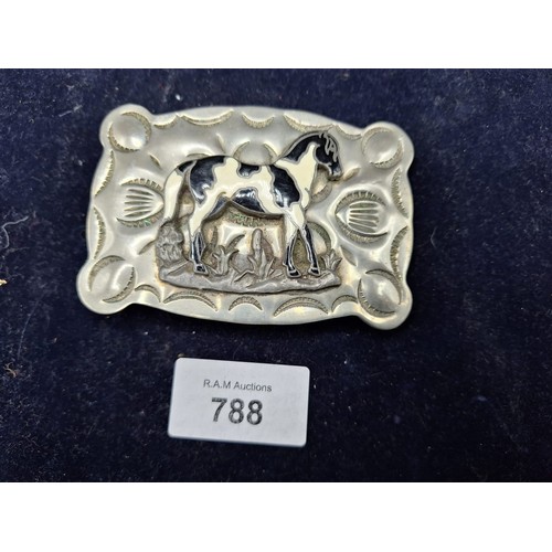 788 - Vintage Nickel Silver Belt Buckle Cowboy With a Apaloosa Horse