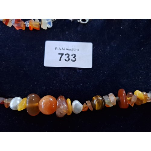 733 - Natural Stone Necklace Set With Genuine Pearls, Tigers Eye, Moonstone, Agate, Quartz Etc