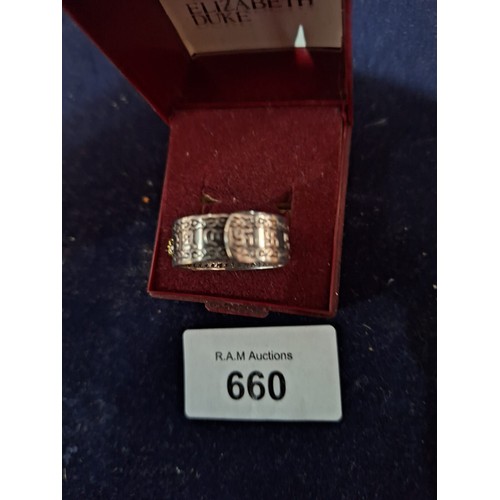 660 - Boxed Silver and Gold Ring Has Chinese Graphics and Swastika Signs