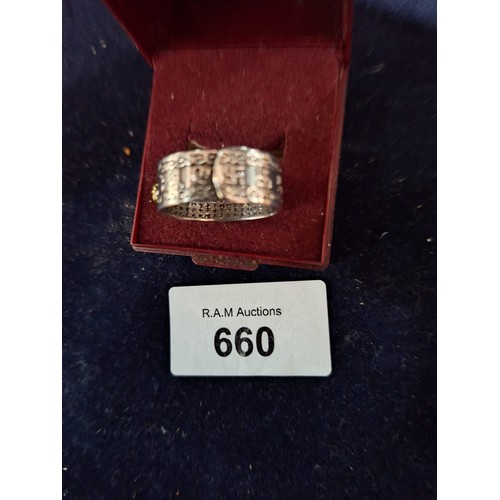 660 - Boxed Silver and Gold Ring Has Chinese Graphics and Swastika Signs