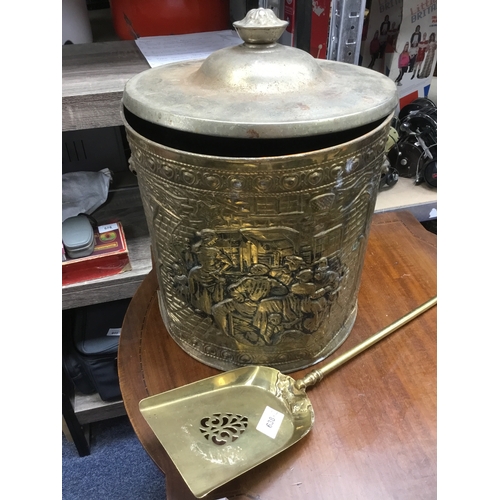 638 - Vintage Lidded Brass Coal Bucket and Shovel 3ft Long