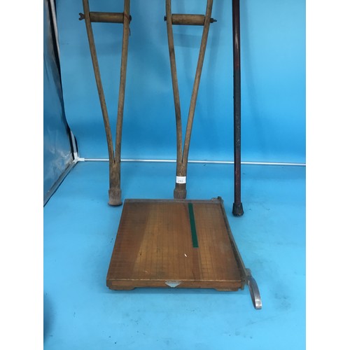 213 - Vintage Kids Crutches, Walking Stick and a Paper Cutter