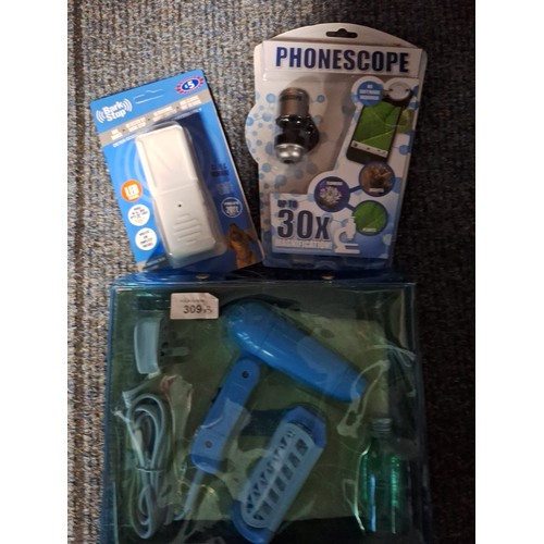 309 - Phonescope, Hair Drying Travel Set and Dog Bark Stop All New In The Packs