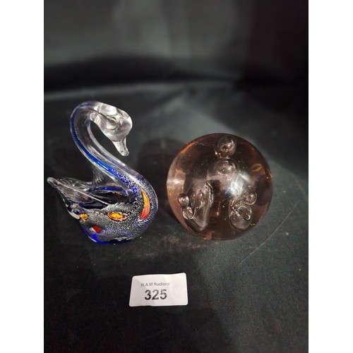 325 - Glass Swan (possibly murano) and a Glass Paperweight