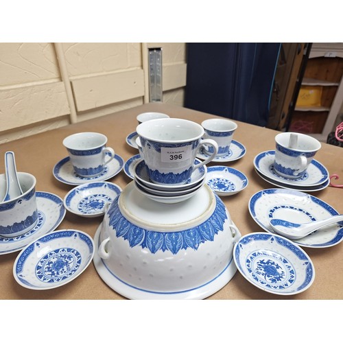 396 - Part Chinese Tea Set Marked To Include 6 Cups, 6 Saucers, 6 Trays, Spoons and a Dish