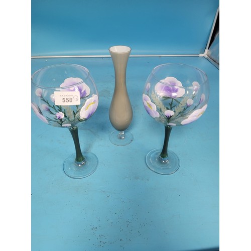 558 - Hand Painted Large Bud Vase and Gin Glasses