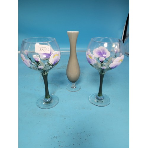 558 - Hand Painted Large Bud Vase and Gin Glasses