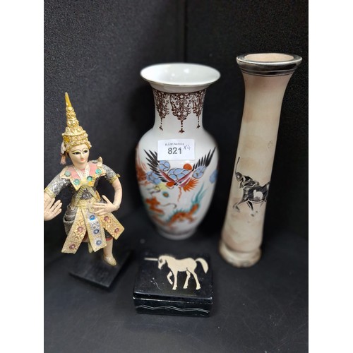 821 - Continental Items x4 To Include African Soapstone Vase and Pot, Japanese Vase and a Thai Figure