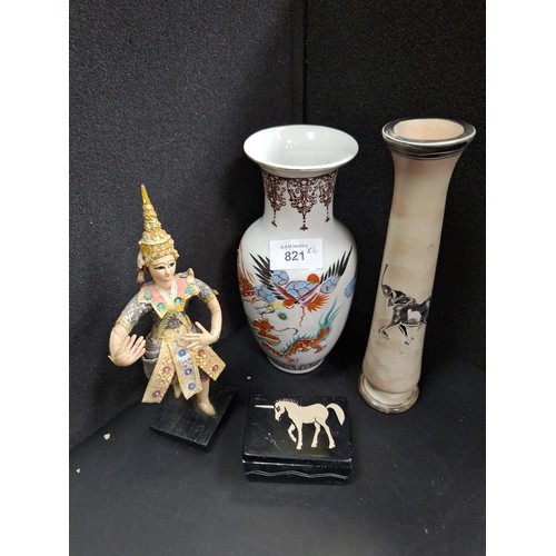 821 - Continental Items x4 To Include African Soapstone Vase and Pot, Japanese Vase and a Thai Figure