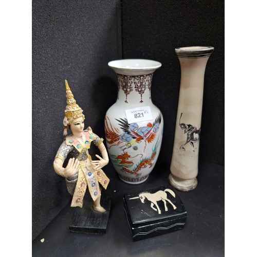 821 - Continental Items x4 To Include African Soapstone Vase and Pot, Japanese Vase and a Thai Figure