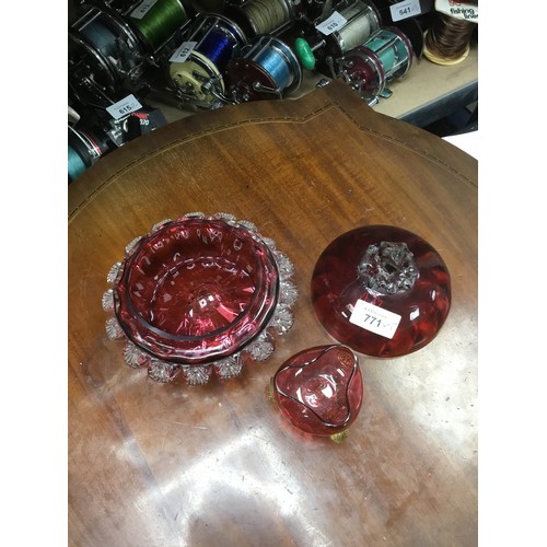 771 - 2x cranberry glass items one is 8x6 lidded dish one is open pot