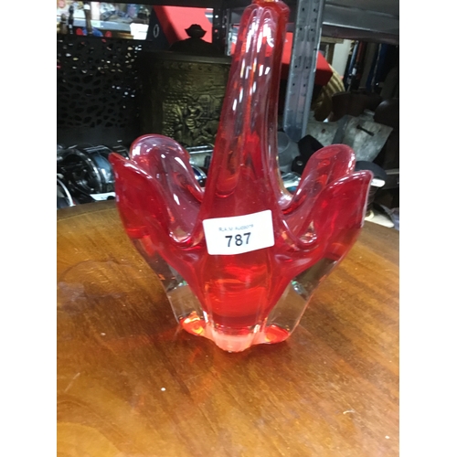 787 - Murano red/clear handled vase 8”x6”