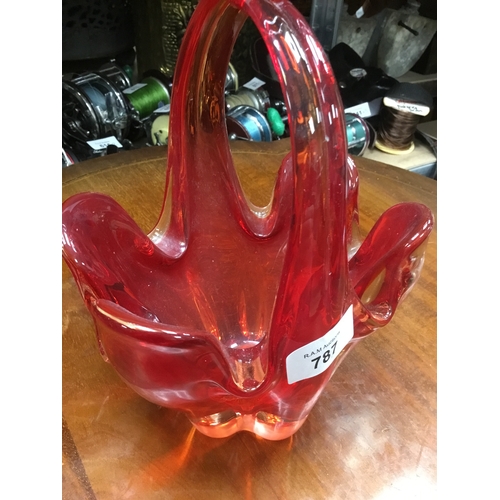 787 - Murano red/clear handled vase 8”x6”