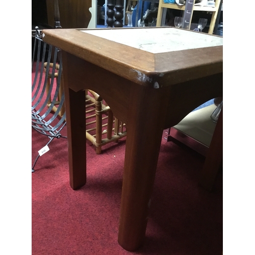 792 - Heavy oak + marble inlay topped table retro