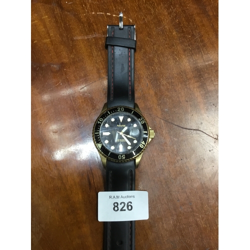 826 - Accurist 100m  water resistant rubber. Strap black/gold watch