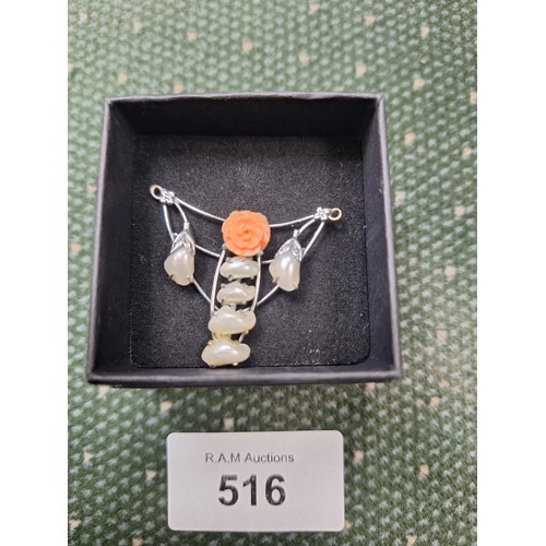 516 - Genuine pearl + coral brooch 925 silver mount in box