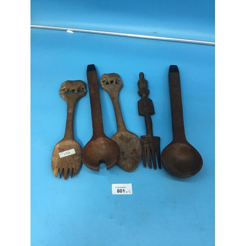 801 - 5 wooden carved utensils