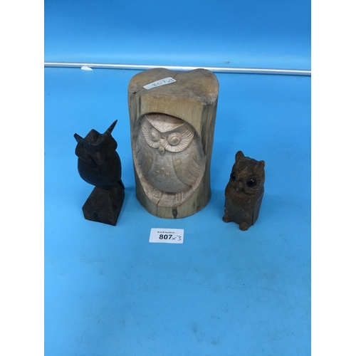 807 - 3 carved wooden owls