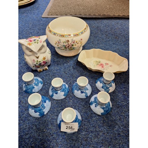 256 - Blue / white ceramic stick,x7 + crown Devon owl + Coalport footed bowl