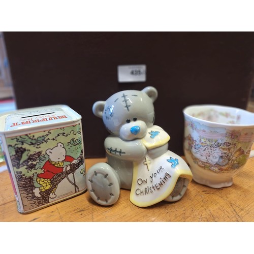 435 - Brambly Hedge Cup, Rupert Money Box and a Me To You Bear Christening Money Box