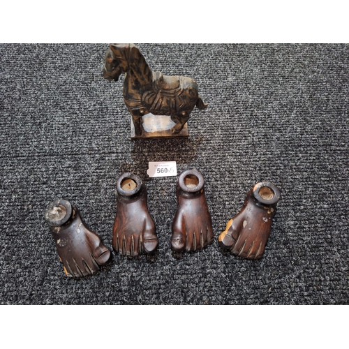 560 - Vintage Treen Candle Holders x4 and a Vintage Carved Horse