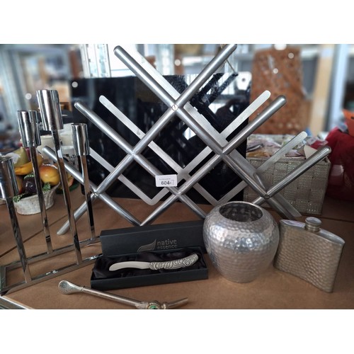 604 - Homewares x6 To Include Wine Rack, Candle Stand, Butter Knife, Strainer, Vase and a Flask