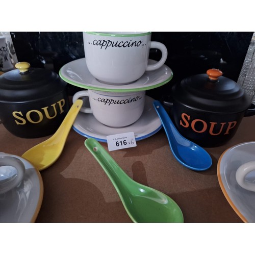 616 - Super Retro Style Soup and Cappuccino Cups and Spoons