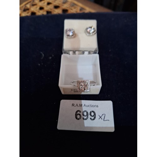 699 - Boxed 925 Silver Stoned Ring With Matching Earrings