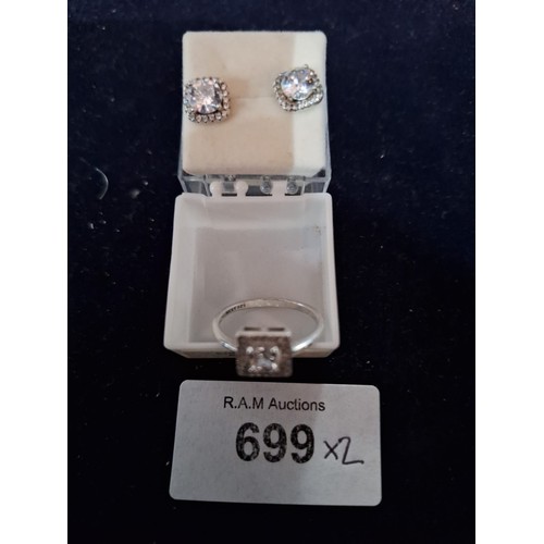 699 - Boxed 925 Silver Stoned Ring With Matching Earrings