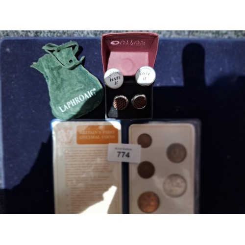 774 - Boxed In a Pouch Cufflinks x2 and Britain's First Decimal Coins In a Case