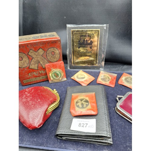 827 - Collectable Group Of Vintage Purses, Wallets, Medals, Plaque, Vintage Oxo Tin and a Sewing Kit