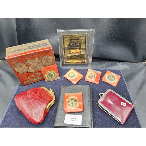 827 - Collectable Group Of Vintage Purses, Wallets, Medals, Plaque, Vintage Oxo Tin and a Sewing Kit