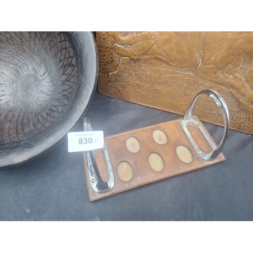 830 - Vintage Terracotta Bowl, Copper Plaque and Horse Stirrups Stand