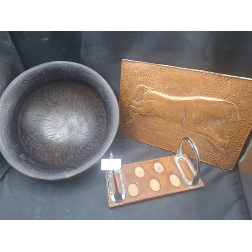 830 - Vintage Terracotta Bowl, Copper Plaque and Horse Stirrups Stand