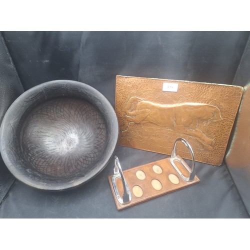 830 - Vintage Terracotta Bowl, Copper Plaque and Horse Stirrups Stand