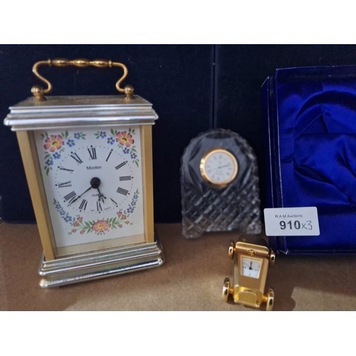 910 - Carriage Clock, Boxed Doulton Crystal Clock and a Brass Car Clock