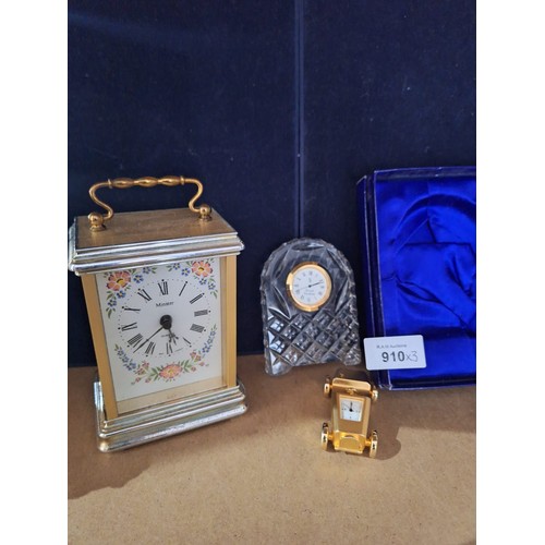 910 - Carriage Clock, Boxed Doulton Crystal Clock and a Brass Car Clock