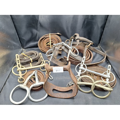 911 - Large Amount Of Horse Tack To Include Bits, Antique Stirrups and Leather Belts