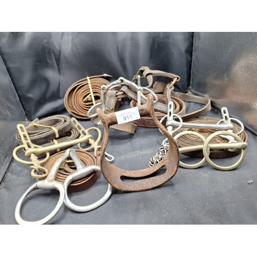 911 - Large Amount Of Horse Tack To Include Bits, Antique Stirrups and Leather Belts