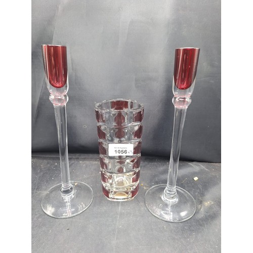 1056 - French Crystal Vase and Two Cranberry Glass Candlesticks Red To Clear