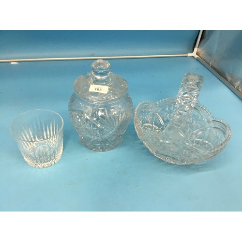 105 - Cut Glass Lidded Jar, Cut Crystal Handled Vase/Bowl and an ICI Whiskey Tumbler