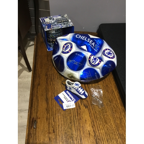 661 - Cheslsea FC Signed Ball, Boxed Chelsea Mug and a Chelsea Boot Hanger