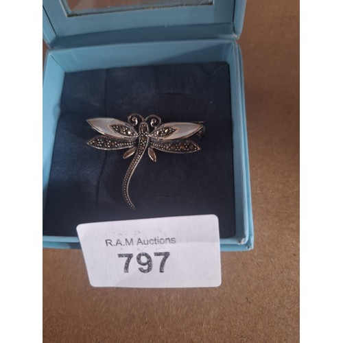 797 - Vintage Silver and Marcasite Dragonfly Brooch With Possible Mother of Pearl Wings