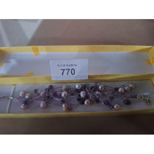 770 - Boxed 925 Silver Bracelet With Baroque Pearls and Amethyst