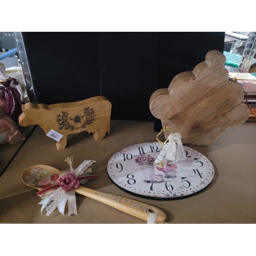 854 - Treen x4 To Include Cake Stand, Clock, Cheeseboard and a Wooden Cow