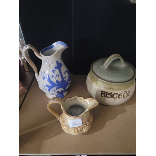 852 - Welsh Stoneware Biscuit Jar, Antique Blue and White Jug a/f and a Vintage Shell Jug a/f