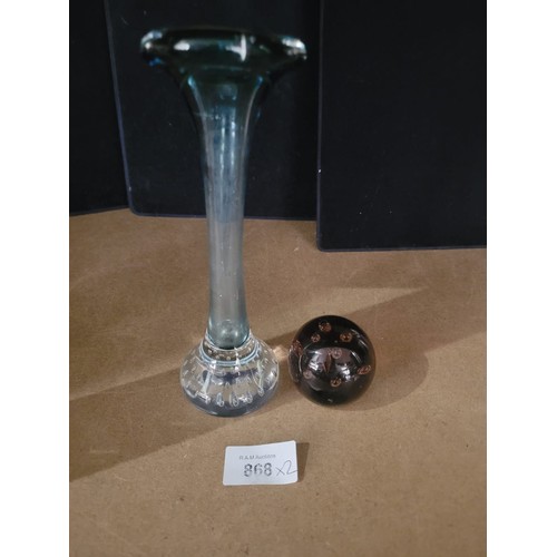 868 - Swedish Style Bubble Glass Bud Vase and an Art Glass Controlled Bubble Paperweight